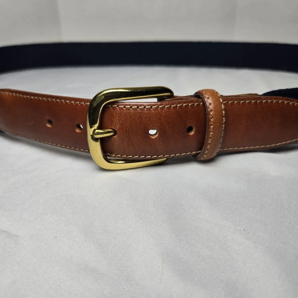Woven Leather Brass Buckle Belt Navy Leather Ends Mens 40 Preppy Office Classic